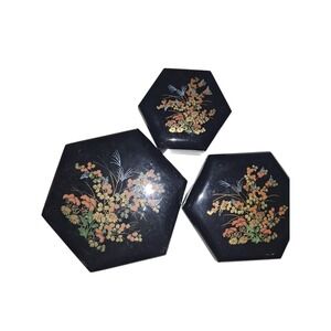 Vintage 80s‎ Made In Hong Kong Nesting Jewelry Black Floral Boxes Trinket Boxes